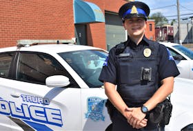Const. Michael Young of the Truro Police Service wears one of the body cameras that are now used full time by the police in Truro, N.S., following a four-month pilot project. — SaltWire Network file photo