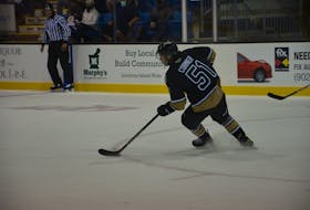 Charlottetown Islanders defenceman Lukas Cormier carries the puck during a Quebec Major Junior Hockey League game at Eastlink Centre in Charlottetown earlier this season. Cormier scored a hat trick to spark the Islanders to a 4-1 road win over the Baie-Comeau Drakkar on Feb. 5.