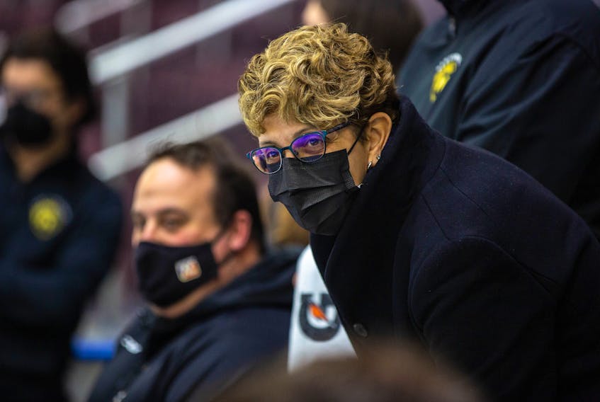 Olympic champion Danielle Goyette spent the last three games as an assistant coach with the Newfoundland Growlers. She is shown here on the bench during the team's Feb. 4 game against the Reading Royals. Photo courtesy Jeff Parsons/Newfoundland Growlers
