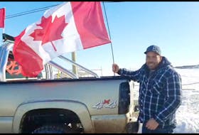 This man joins the protest in Borden-Carleton on Feb. 6 organized by Tracy Poirier through the P.E.I. Freedom Convoy to Ottawa 2022 Facebook page. Screengrab from Facebook.