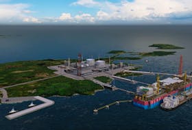 An artistic rendering showing potential gas preprocessing and liquids storage facilities at Grassy Point, and an LNG carrier. -COMPUTER SCREENSHOT