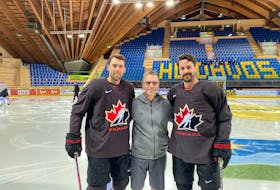 P.E.I.’s connection with the Canadian men’s hockey team at the 2022 Winter Olympics in Beijing recently posed for a photo during a training camp in Davos, Switzerland. From left are defenceman Brandon Gormley of Murray River, athletic therapist Kevin Elliott of Charlottetown and defenceman Morgan Ellis of East Bideford. Canada plays its first men’s hockey game on Feb. 10.
