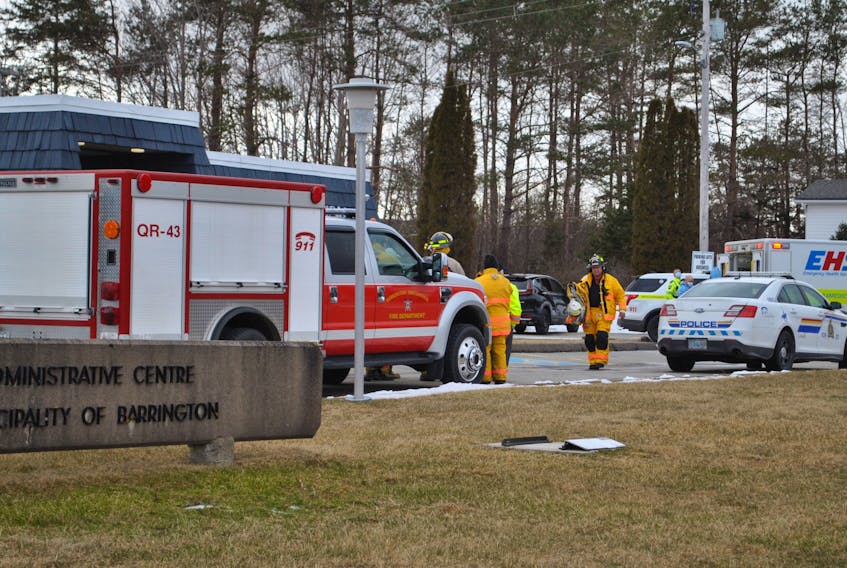 The RCMP, EHS and the Barrington Port LaTour Fire Department responded to the Barrington Municipal Administrative Centre on Feb. 7 when a suspicious package suspected to contain a chemical irritant was received at South Shore St. Margaret’s MP Rick Perkins’ office. KATHY JOHNSON
