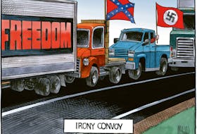 Bruce MacKinnon editorial cartoon February 10, 2022. Freedom convoy nazi and confederate flag