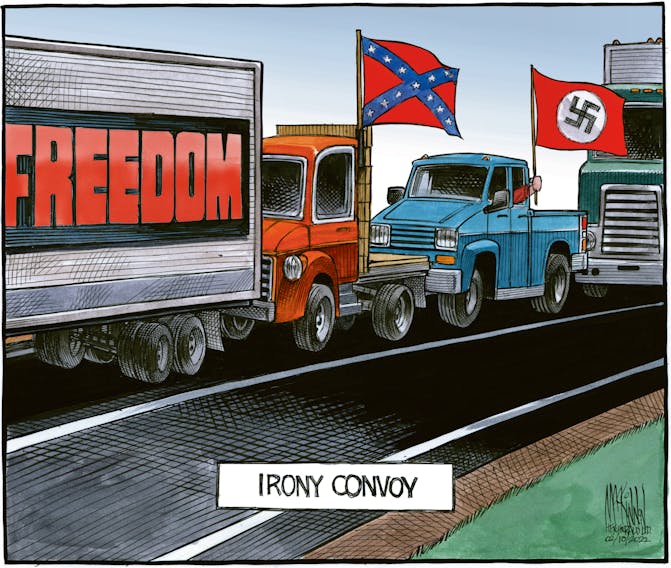 Bruce MacKinnon editorial cartoon February 10, 2022. Freedom convoy nazi and confederate flag