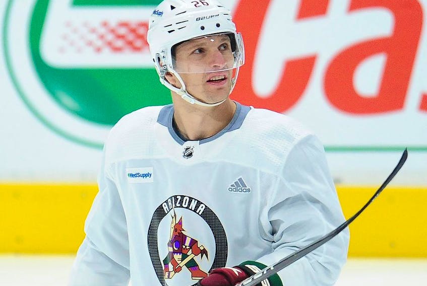Antoine Roussel, pictured during Tuesday’s game-day skate at Rogers Arena, has maintained his upbeat personality despite the Arizona Coyotes’ tough season.