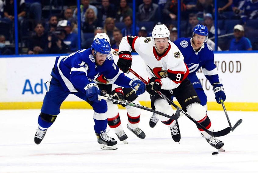  Tampa Bay Lightning right wing Nikita Kucherov (86) shoots and scores against the Ottawa Senators during the first period.