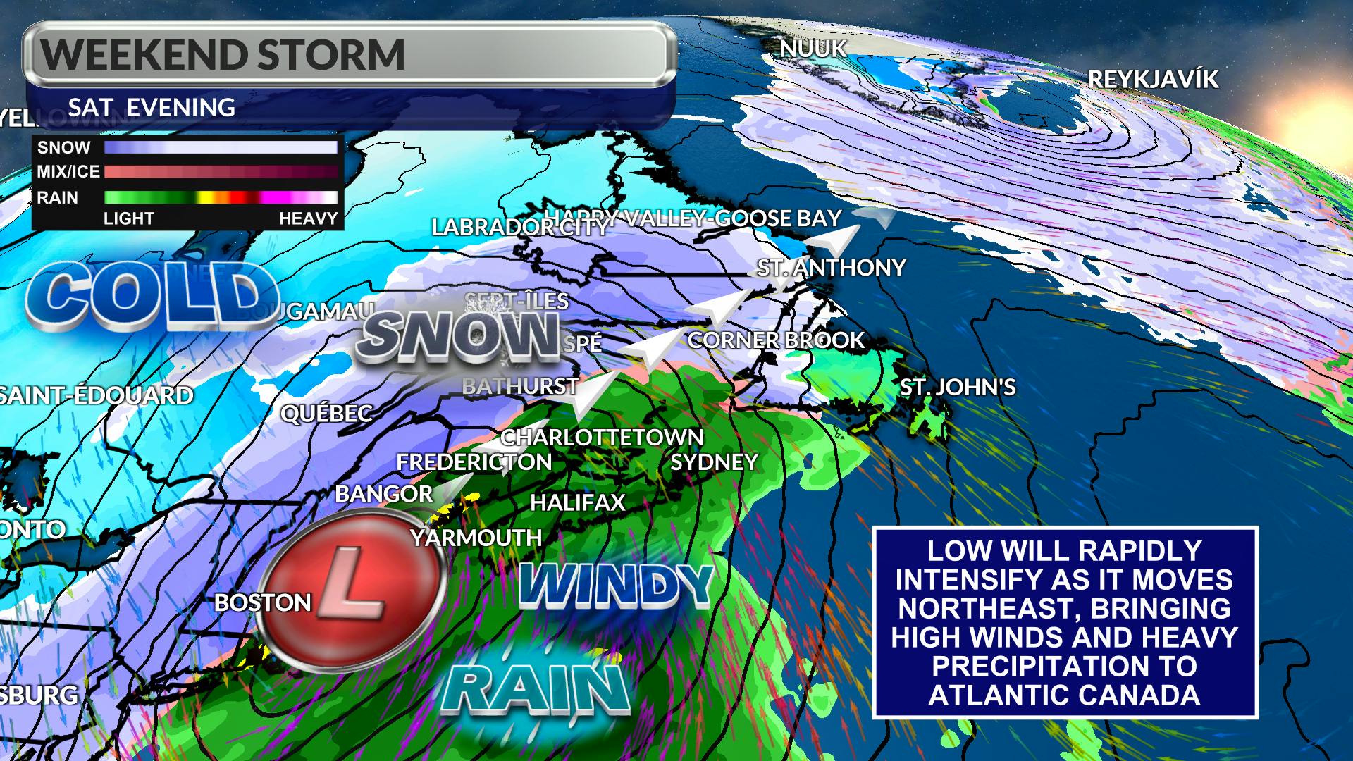 Model projection of the storm’s position early Saturday evening. -WSI