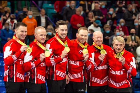 Brett Gallant (third from left) was part of Brad Gushue’s winning curling Olympic team, and says it all started for him at the Canada Games. PHOTO CREDIT: Contributed.