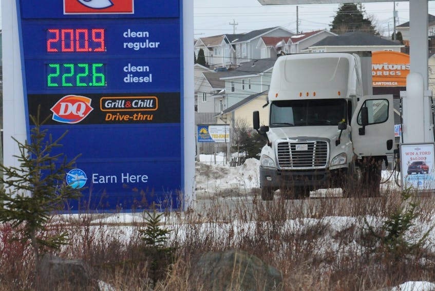 Motorists in metro St. John’s were faced with record gas prices when they went to the pumps on Thursday, March 10, as the cost of regular gasoline reached $2 per litre, and $2.22 per litre for diesel. After gassing up in Paradise, the driver of this truck paid $500 for 224.6 litres of diesel.
Joe Gibbons • The Telegram
