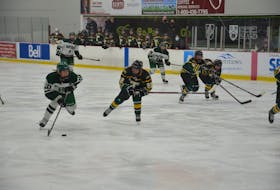 UPEI Panthers forward Taylor Gillis, 10, charges into the offensive zone with the St. Thomas Tommies’ Alex Woods, 22, in pursuit. St. Thomas defeated the Panthers 3-2 in an Atlantic University Sport women’s hockey quarter-final game in Charlottetown on March 9.
