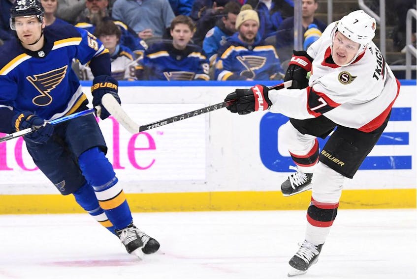 Brady Tkachuk takes a shot against the St. Louis Blues during the first period at Enterprise Center on Tuesday night. Tkachuk, whose Senators are set to begin a five-game homestand, called the club's effort in the 4-1 win in St. Louis its best of the year.