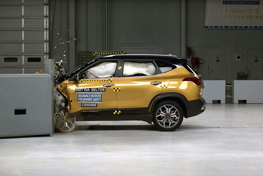 An Insurance Institute for Highway Safety (IIHS) crash test of a 2021 Kia Seltos. IIHS photo