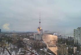 A TV tower explodes following an attack by Russian forces, amid Russia's invasion of Ukraine, in Kyiv, Ukraine March 1, 2022. The sight is an emotional one for Chester’s Douglas Mulhall, who helped establish Ukraine’s ICTV network 30 years ago.
