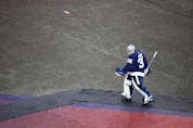  Maple Leafs goalie Petr Mrazek walks to the locker room after the first period against the Buffalo Sabres during the Heritage Classic at Tim Hortons Field on March 13, 2022 in Hamilton. VAUGHN RIDLEY/GETTY IMAGES