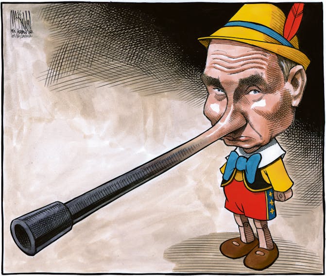 Bruce MacKinnon editorial cartoon March 16, 2022. Putin as Pinocchio