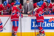 There were no last-minute heroics for Montreal Canadiens coach Martin St. Louis, discussing the play possibilities with Montreal Canadiens right wingers Brendan Gallagher (11) and Cole Caufield (22) during 3rd period NHL action at the Bell Centre in Montreal on Tuesday, March 15, 2022.
