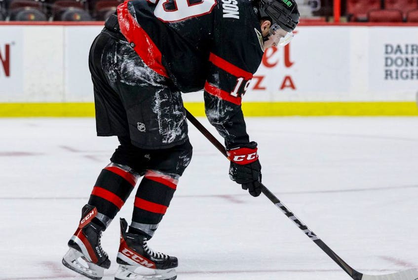  Senators winger Drake Batherson  limps off the ice after suffering a high ankle sprain on Jan. 25. He has not played since, even missing his first all-star game appearance in Vegas.. ERROL McGIHON/SUN FILES