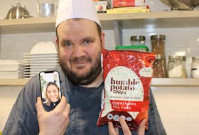 Alicia Lahey on FaceTime with her brother-in-law, Chef Reinier Boermans. The Laheys' in Ontario started selling Humble Potato Chips, which are packaged in compostable bags, and collaborated with Boermans on seasonings for the five flavours. 