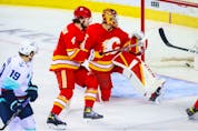 Calgary Flames goaltender Jacob Markstrom reacts to the goal by Seattle Kraken centre Calle Jarnkrok during the first period at Scotiabank Saddledome earlier this year. Now Jarnkrok is with the Flames.