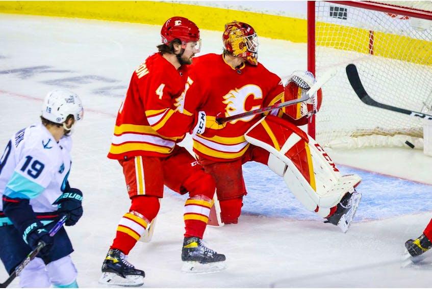 Calgary Flames goaltender Jacob Markstrom reacts to the goal by Seattle Kraken centre Calle Jarnkrok during the first period at Scotiabank Saddledome earlier this year. Now Jarnkrok is with the Flames.