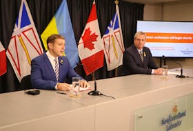 Newfoundland and Labrador Premier Andrew Furey (left) and Immigration Minister Gerry Byrne release details of the Ukrainian family support desk initiative expanding to send a team to Warsaw, Poland, to undertake direct outreach to some of the roughly three million people who have fled Ukraine due to the Russian invasion.