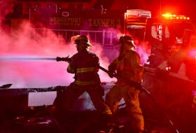Firefighters from the Yarmouth, Wedgeport, Lake Vaughan and Port Maitland fire departments battled a blaze in the early hours of Thursday, March 17, in Pinkney’s Point, Yarmouth County. The house was completely destroyed. TINA COMEAU PHOTO