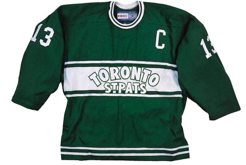 Limited edition St. Pats hockey sweater issued by the Toronto Maple Leafs to coincide with their 75th anniversary. 
