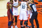 Toronto Raptors Fred VanVleet is held back during 1st half action against Cleveland Cavaliers LeBron James in Eastern Conference Semifinals at the Air Canada Centre at the Air Canada Centre in Toronto, Ont. on Tuesday May 1, 2018.
