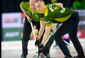 Brad Jacobs’ second E.J. Harnden (front) will be travelling to Las Vegas with Brad Gushue’s team and will serve as the alternate for the World Men’s Curling Championship starting on April 2. Michael Burns/Curling Canada 