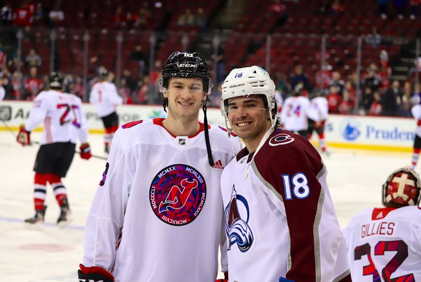Newfoundlanders Dawson Mercer (left) and Alex Newhook figure to be safe with the New Jersey Devils and Colorado Avalanche respectively ahead of the NHL trade deadline on March 21. Colorado Avalanche/Twitter 