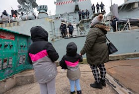 Mar. 19, 2022--Master Seaman Matthew Carrigan waves to his family prior to departure of HMCS Halifax Saturday afternoon. With a complement of 253 set sail for a six-month deployment to the North Atlantic and northern European Saturday afternoon. Canada sent the Halifax in support of NATO assurance and deterrence measures in Central and Eastern Europe.
ERIC WYNNE/Chronicle Herald