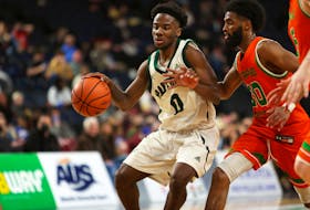 The UPEI Panthers’ Elijah Miller controls the ball against the Cape Breton Capers at the 2022 Atlantic University Sport basketball championships at Scotiabank Centre in Halifax, N.S., on March 18. Miller scored 37 points to lead the Panthers to a 95-80 win in a quarter-final game. Nick Pearce Photo/Courtesy of AUS