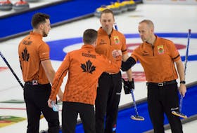 Team Gushue will have a new face in the lineup next season as second Brett Gallant (far left) will be leaving the team at the end of the 2021-2022 season.  — Curling Canada photo/Michael Burns 
