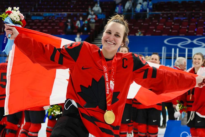 Beauceville's Marie-Philip Poulin celebrates Team Canada's gold medal win over the U.S. United States at the Beijing Olympics on Feb. 17, 2022.