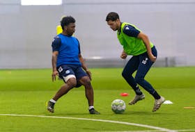 Joao Morelli (right) and Akeem Garcia - the last two Canadian Premier League Golden Boot winners - battle for the ball during a HFX Wanderers training session Wednesday at the BMO Soccer Centre in Clayton Park. - TREVOR MacMILLAN / HFX WANDERERS 