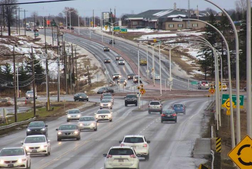 Traffic is heavy leading into and out of the roundabout on the North River Causeway.