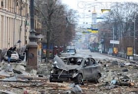 Damage around the regional administration building, which city officials said was hit by a missile attack, in  Kharkiv, Ukraine, March 1, 2022.
