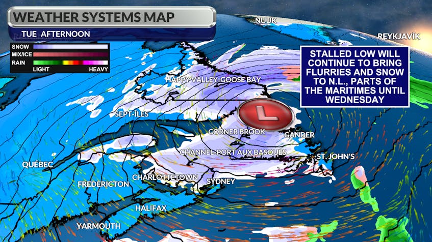 Stalled low-pressure will bring more snow to parts of the region through mid-week. -WSI