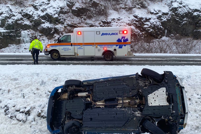 A vehicle rolled over on the TCH near Butter Pot Park on Monday morning, March 21, 2022.