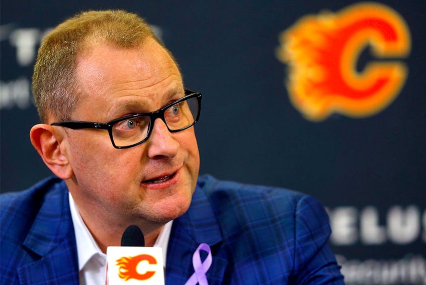 Calgary Flames General Manager Brad Treliving speaks to the at the Scotiabank Saddledome in Calgary on Wednesday, March 16, 2022.