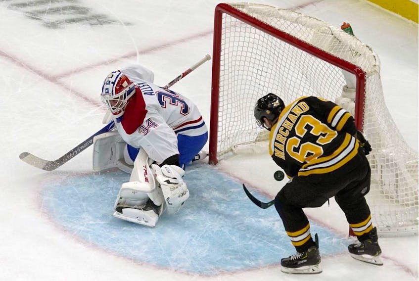 Bruins' Brad Marchand scores past Canadiens' Jake Allen on Jan. 12. Allen just returned to play from an injury suffered in that game, and Marchand has been suspended twice this season.