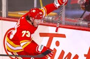  Calgary Flames Tyler Toffoli scores his second on Edmonton Oilers goalie Mikko Koskinen in second period NHL action at the Scotiabank Saddledome in Calgary on Monday, March 7, 2022.