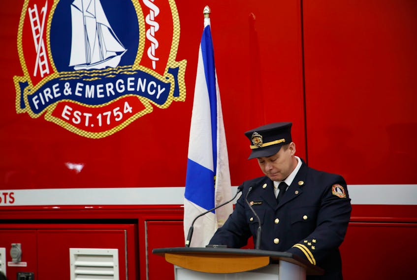 FOR MACPHEE STORY:
 Capt. Brendan Meagher, president of Halifax Professional Firefighters, IAFF Local 268, pauses during a news conference announcing new cancers for liability coverage for them in Halifax Tuesday March 22, 2022

“On behalf of firefighters and our families, I thank the government for keeping their word to Nova Scotia's firefighters. This is a great day!"
