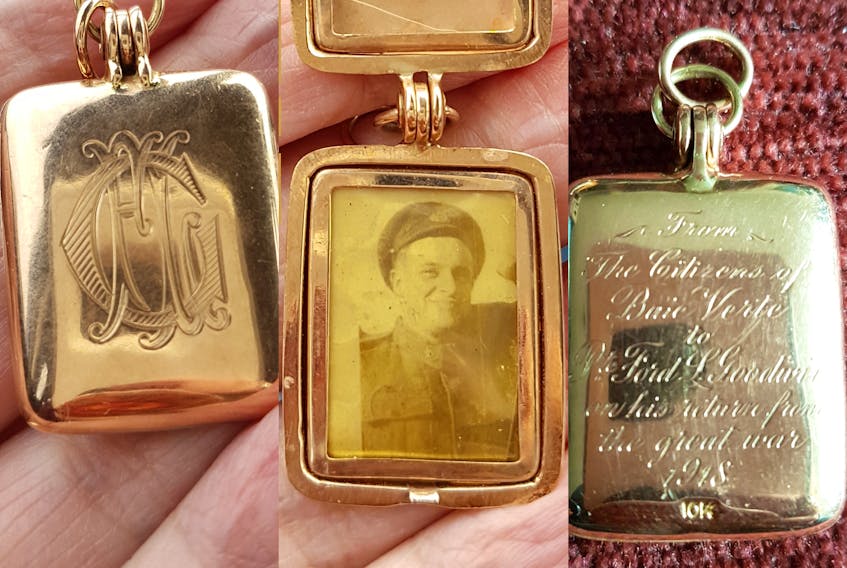 The pendant reads: "From The Citizens of Baie Verte to Pte Ford L. Goodwin on his return from the great war, 1918.