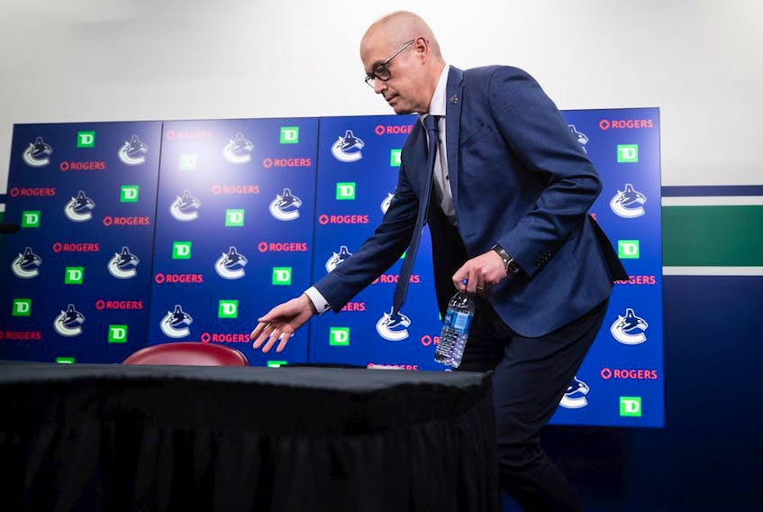  Canucks general manager Patrik Allvin, pictured arriving for Sunday’s news conference on the Travis Hamonic trade, wouldn’t address how his club’s roster could look come next fall.