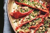 Stuffed peppers with breadcrumbs, anchovies, olives and capers from Claudia Roden's Mediterranean.