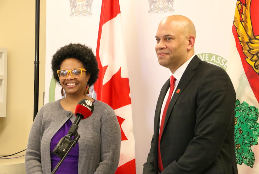 Black Cultural Society of P.E.I. executive director Tamara Steele and Liberal MLA Gord McNeilly speak to reporters after the passage of the Emancipation Day Proclamation Act.