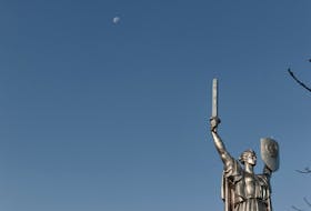The Motherland Monument, which was constructed in 1979, stands at the National Museum of the History of Ukraine in the Second World War in Kyiv, Ukraine. 