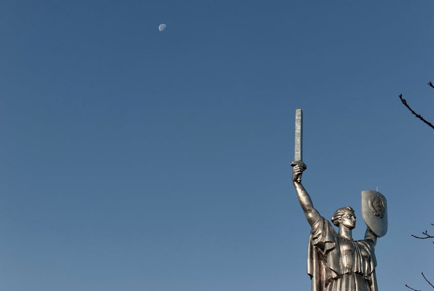 The Motherland Monument, which was constructed in 1979, stands at the National Museum of the History of Ukraine in the Second World War in Kyiv, Ukraine. 